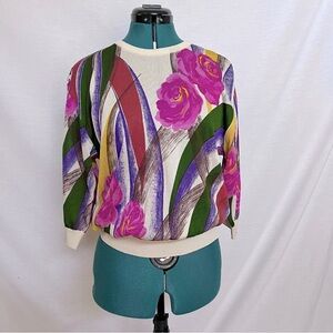 AltModer Pink Floral Cream Knit Sweater with 3/4 Sleeves